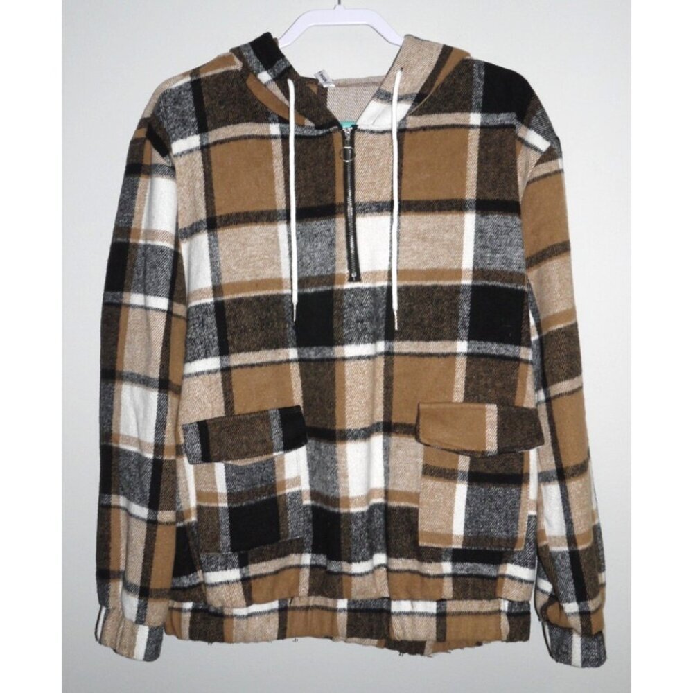 MAN Forever Young brown & black plaid polyester flannel pullover hoodie ADULT M